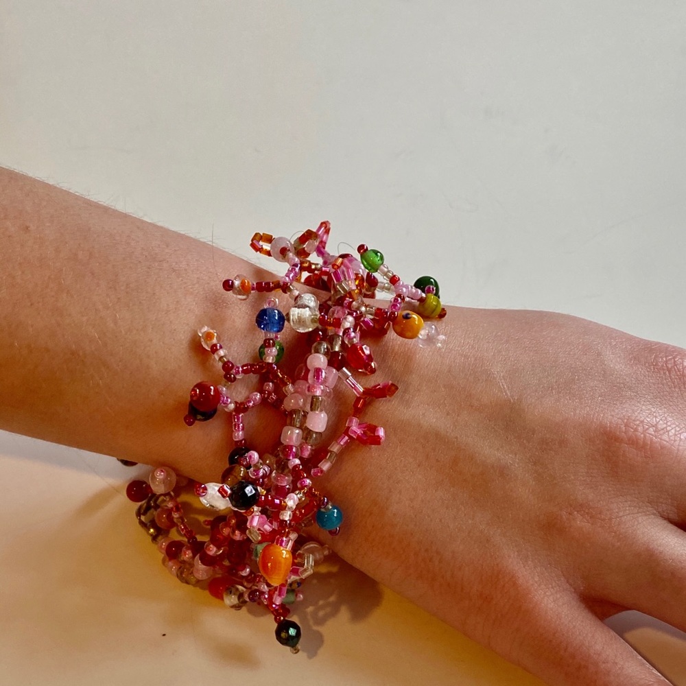 Pink handmade fun seed bead bracelet, EUC